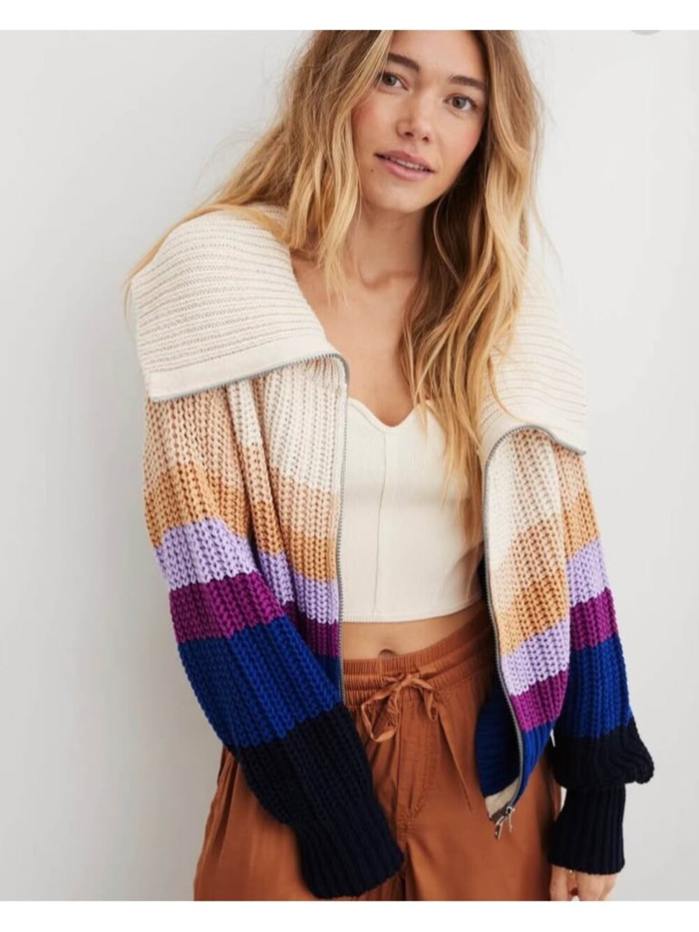 EUC Aerie XS Striped Full-Zip Sweater Cotton